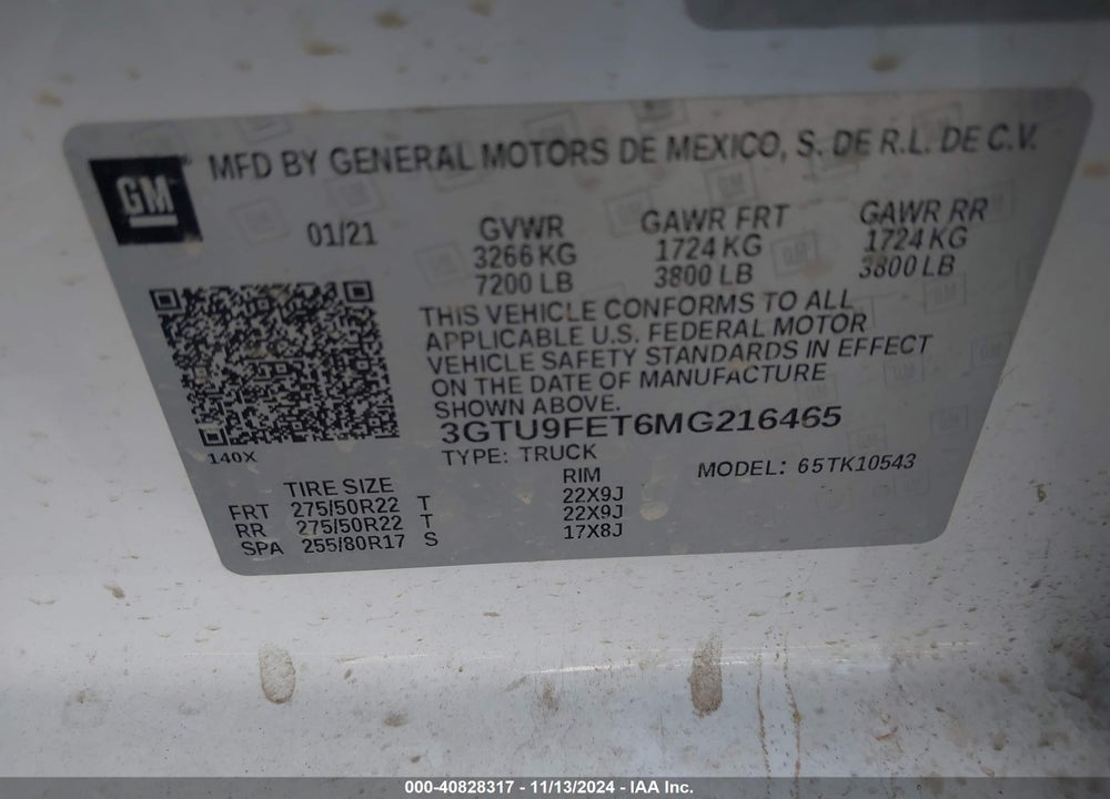 2021 GMC SIERRA 1500 4WD SHORT BOX DENALI VIN: 3GTU9FET6MG216465
