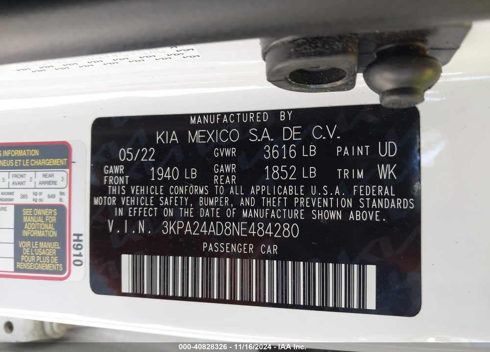 2022 KIA RIO LX VIN: 3KPA24AD8NE484280