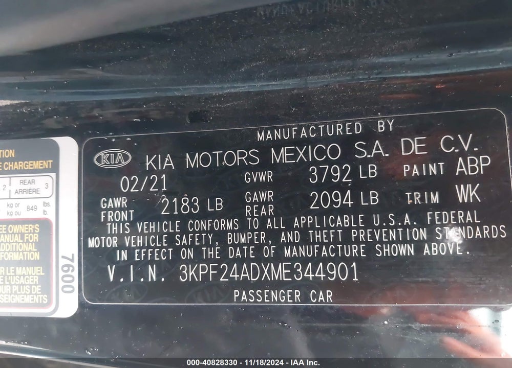 2021 KIA FORTE FE VIN: 3KPF24ADXME344901