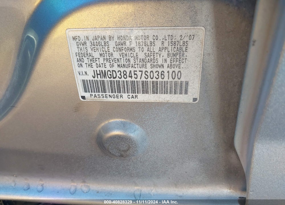2007 HONDA FIT VIN: JHMGD38457S036100