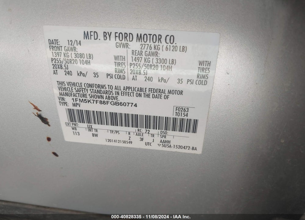 2015 FORD EXPLORER LIMITED VIN: 1FM5K7F88FGB60774