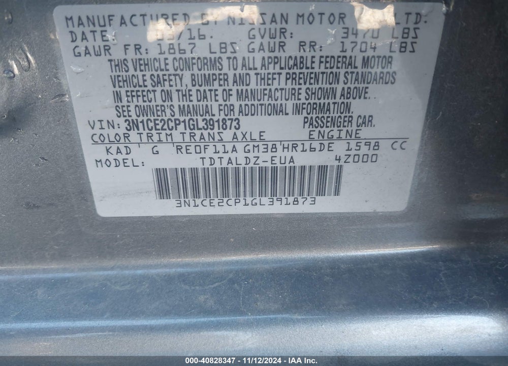 2016 NISSAN VERSA NOTE SV VIN: 3N1CE2CP1GL391873