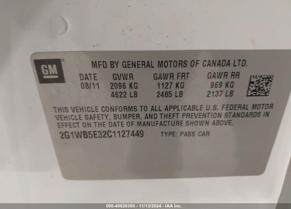2012 CHEVROLET IMPALA LT VIN: 2G1WB5E32C1127449