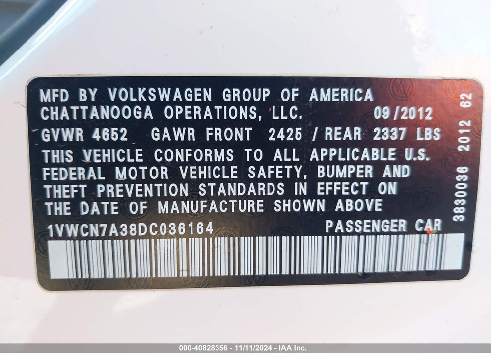 2013 VOLKSWAGEN PASSAT 2.0L TDI SEL PREMIUM VIN: 1VWCN7A38DC036164