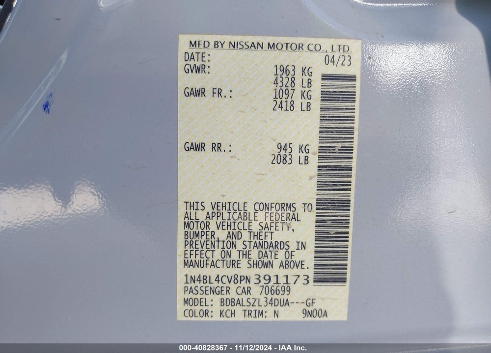 2023 NISSAN ALTIMA VIN: 1N4BL4CV8PN391173