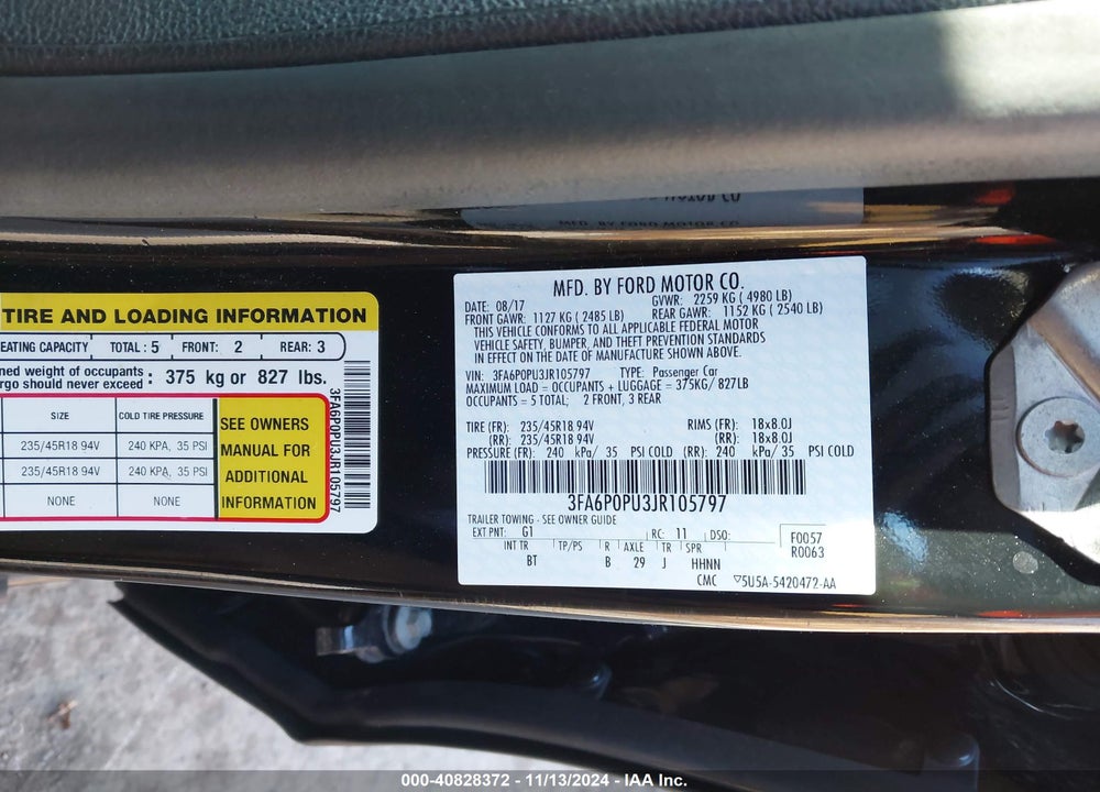 2018 FORD FUSION ENERGI SE LUXURY VIN: 3FA6P0PU3JR105797