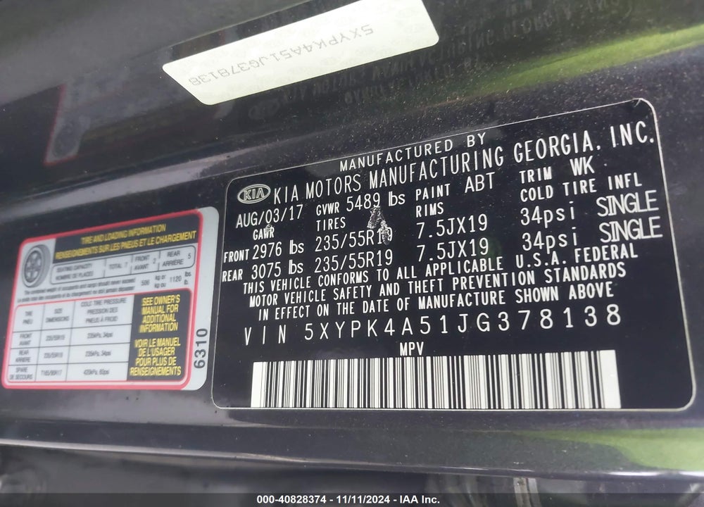 2018 KIA SORENTO VIN: 5XYPK4A51JG378138