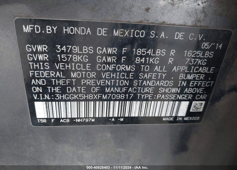 2015 HONDA FIT EX/EX-L VIN: 3HGGK5H8XFM709817