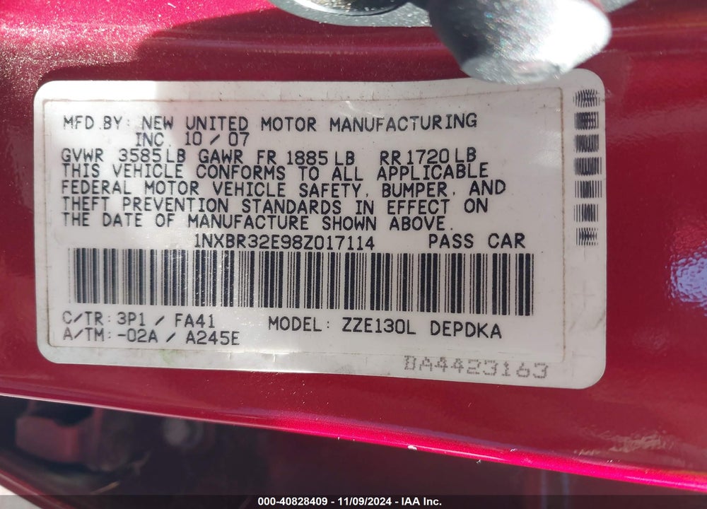 2008 TOYOTA COROLLA CE VIN: 1NXBR32E98Z017114