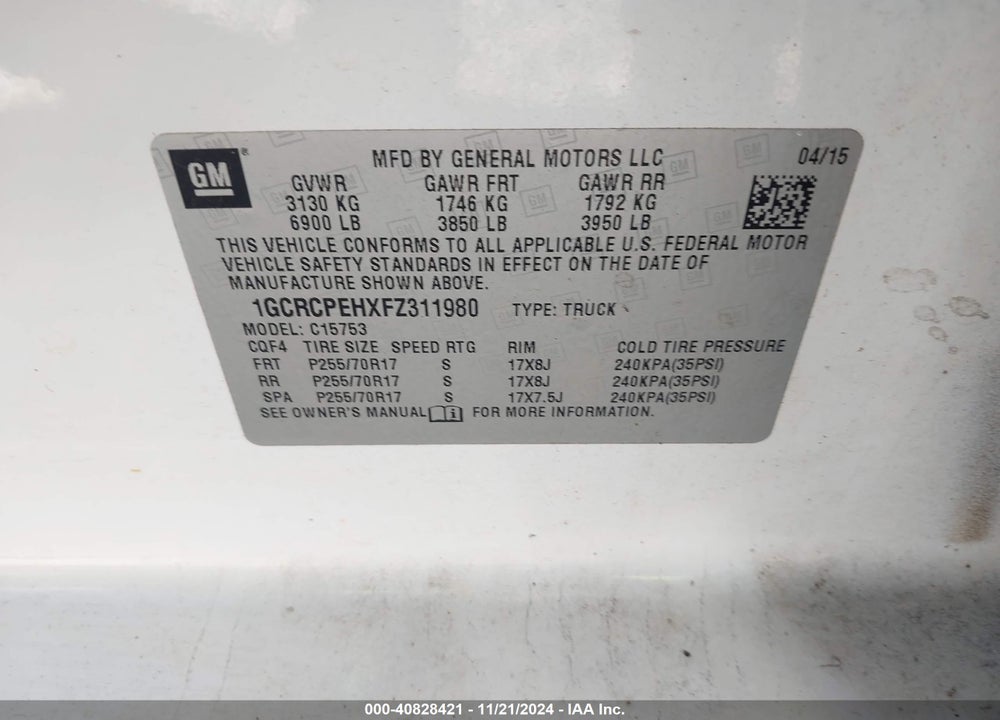 2015 CHEVROLET SILVERADO 1500 LS VIN: 1GCRCPEHXFZ311980