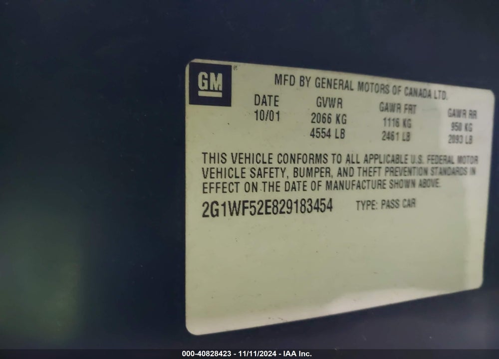 2002 CHEVROLET IMPALA VIN: 2G1WF52E829183454