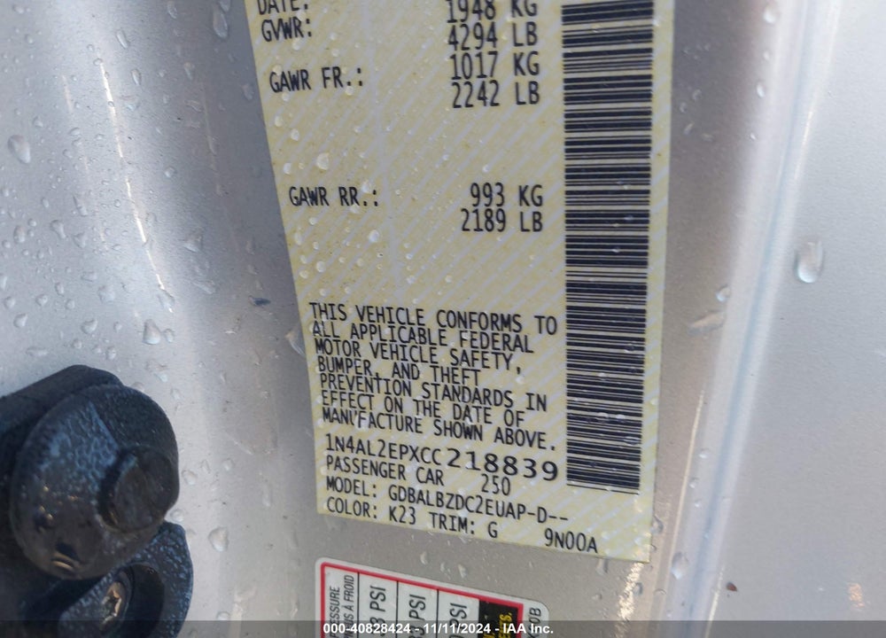 2012 NISSAN ALTIMA 2.5 S VIN: 1N4AL2EPXCC218839