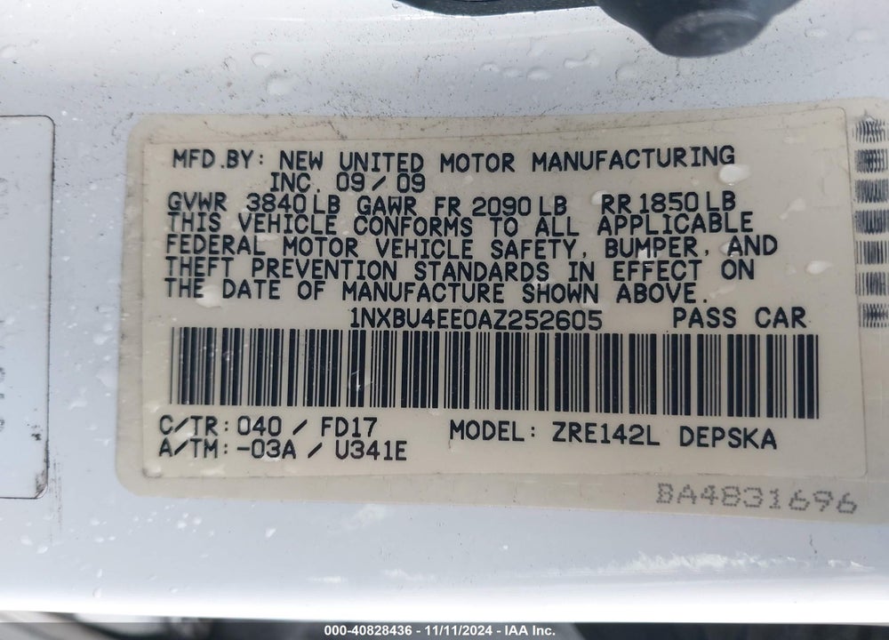 2010 TOYOTA COROLLA S VIN: 1NXBU4EE0AZ252605