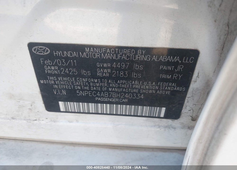 2011 HYUNDAI SONATA LIMITED 2.0T VIN: 5NPEC4AB7BH240334