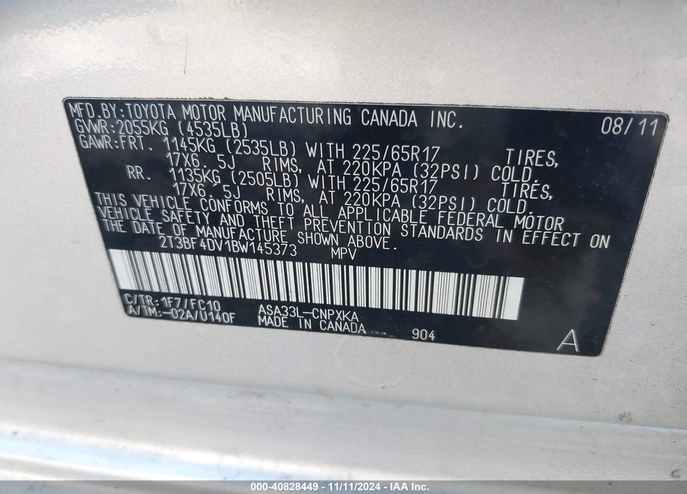 2011 TOYOTA RAV4 VIN: 2T3BF4DV1BW145373