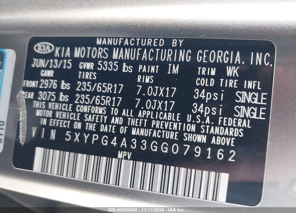 2016 KIA SORENTO 2.4L LX VIN: 5XYPG4A33GG079162