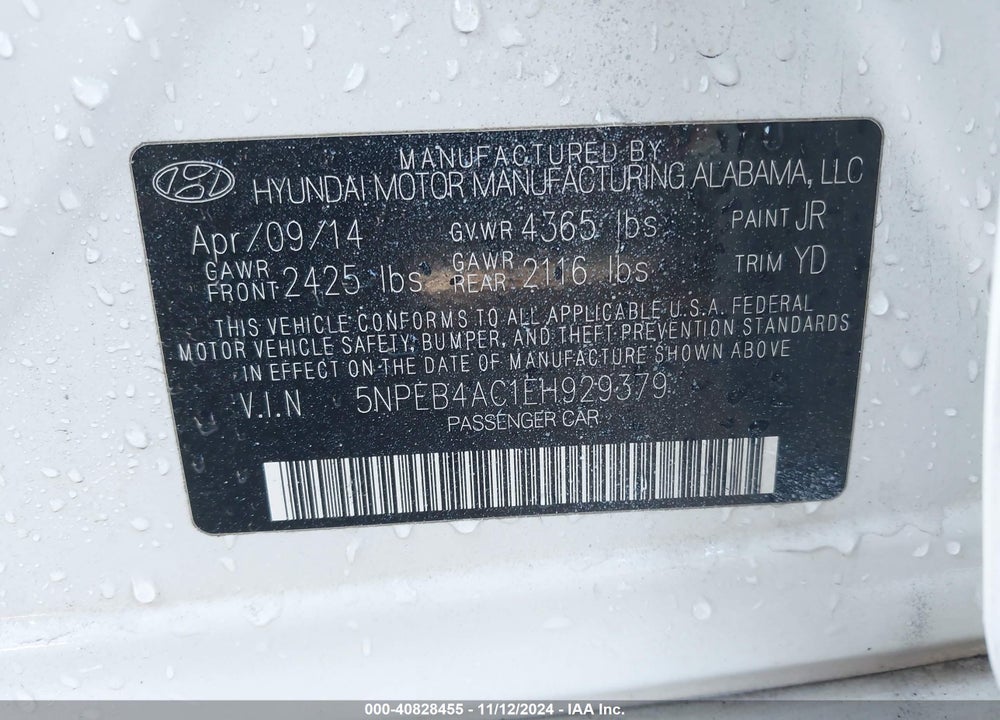2014 HYUNDAI SONATA GLS VIN: 5NPEB4AC1EH929379