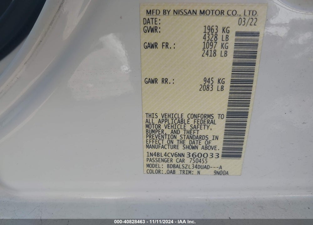 2022 NISSAN ALTIMA VIN: 1N4BL4CV6NN360033