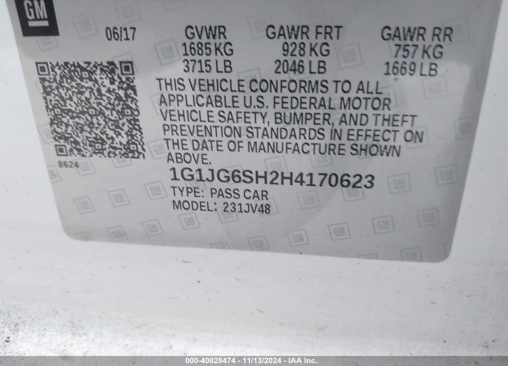 2017 CHEVROLET SONIC LT AUTO VIN: 1G1JG6SH2H4170623
