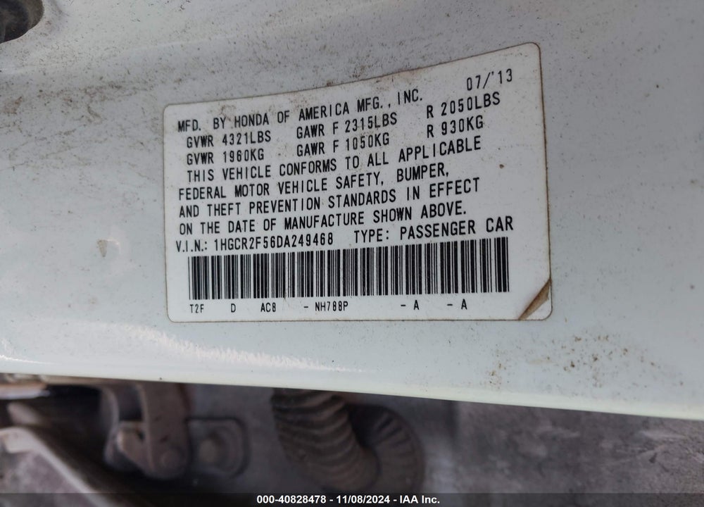 2013 HONDA ACCORD SPORT VIN: 1HGCR2F56DA249468