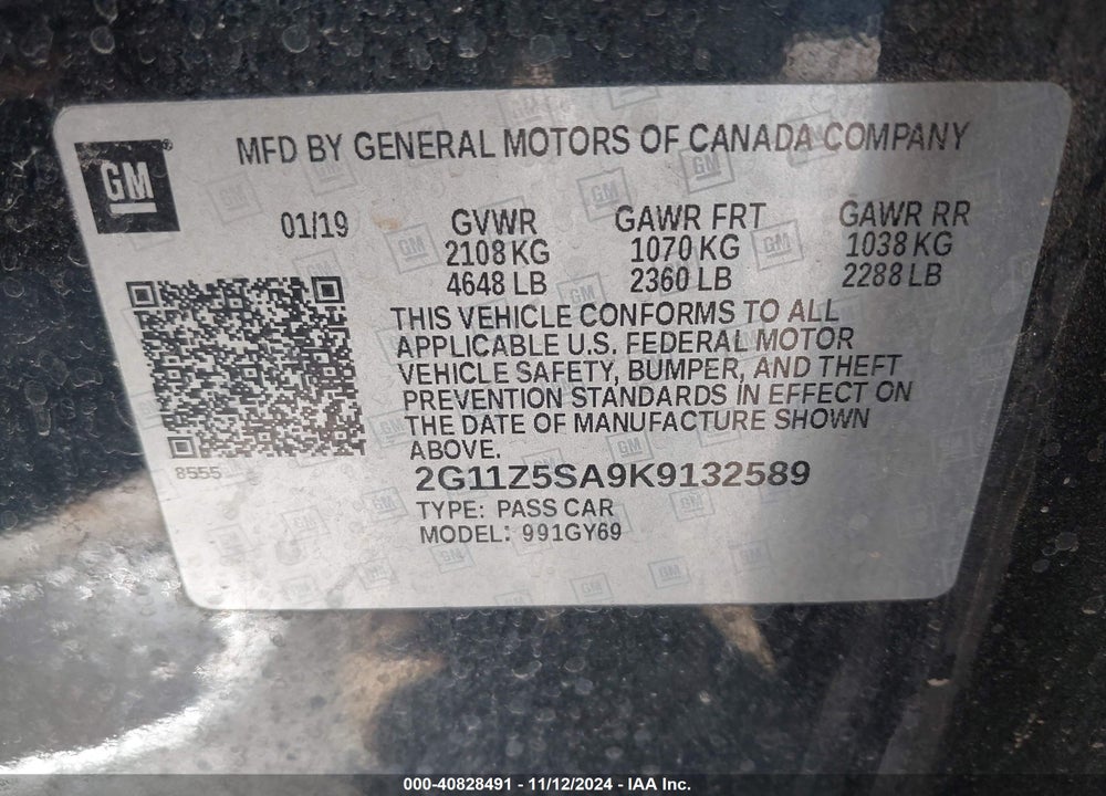 2019 CHEVROLET IMPALA VIN: 2G11Z5SA9K9132589