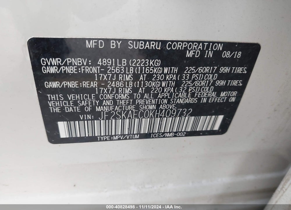 2019 SUBARU FORESTER PREMIUM VIN: JF2SKAEC0KH409732