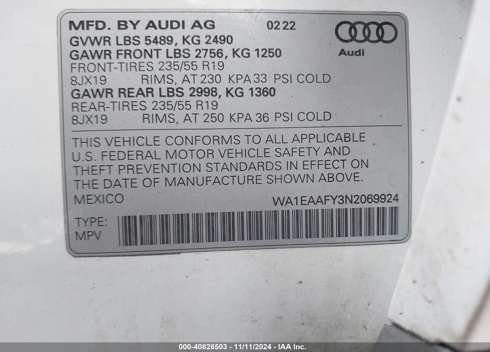 2022 AUDI Q5 PREMIUM PLUS 45 TFSI S LINE QUATTRO S TRONIC VIN: WA1EAAFY3N2069924