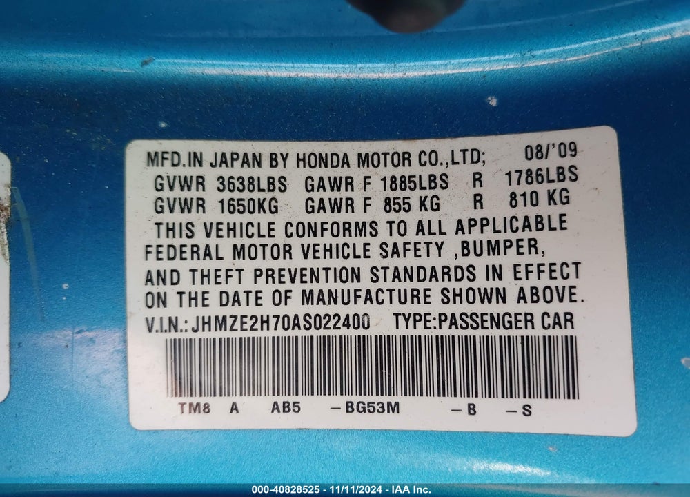 2010 HONDA INSIGHT EX VIN: JHMZE2H70AS022400
