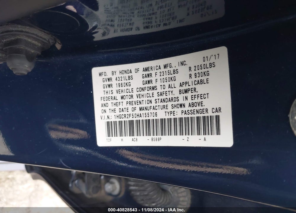 2017 HONDA ACCORD SPORT VIN: 1HGCR2F50HA155706