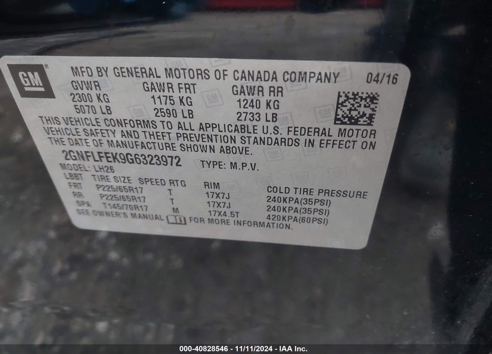 2016 CHEVROLET EQUINOX LT VIN: 2GNFLFEK9G6323972