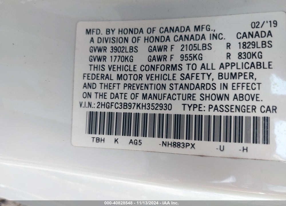 2019 HONDA CIVIC TOURING VIN: 2HGFC3B97KH352930
