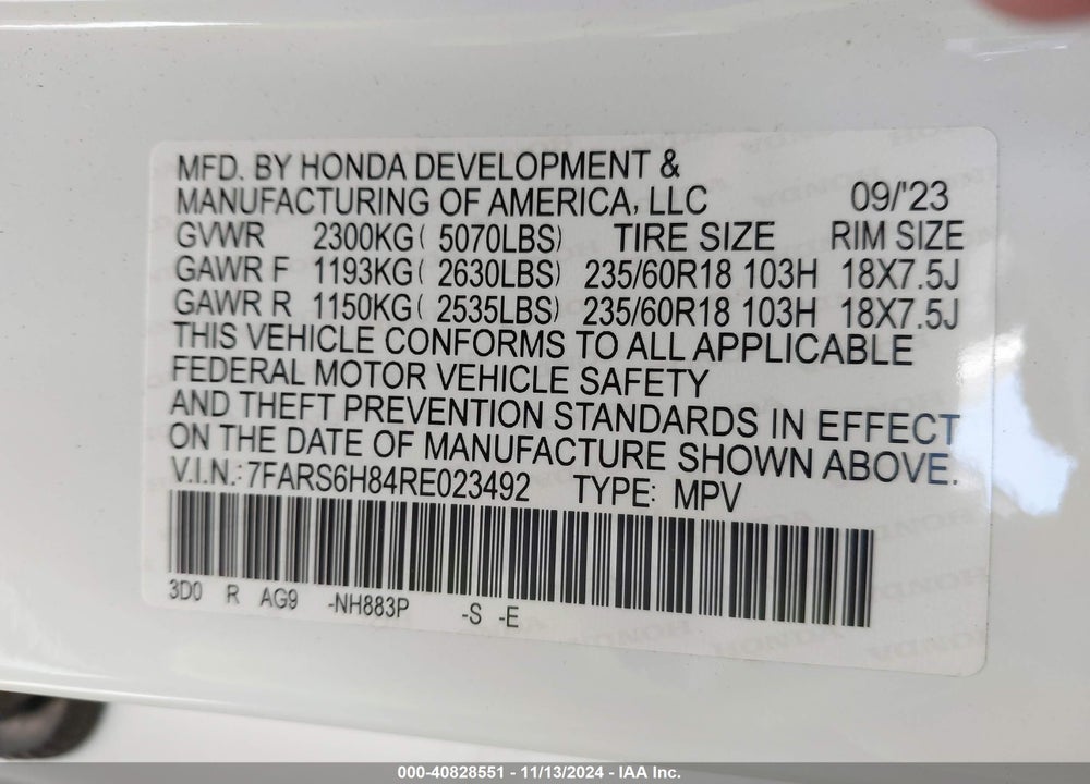 2024 HONDA CR-V HYBRID SPORT-L VIN: 7FARS6H84RE023492