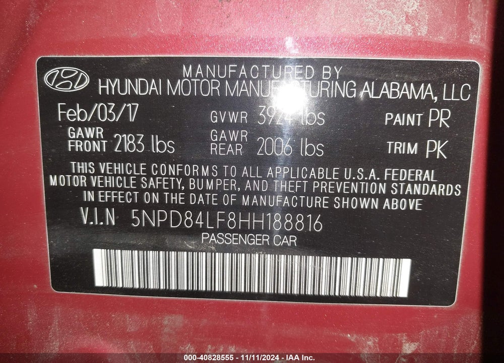 2017 HYUNDAI ELANTRA SE VIN: 5NPD84LF8HH188816