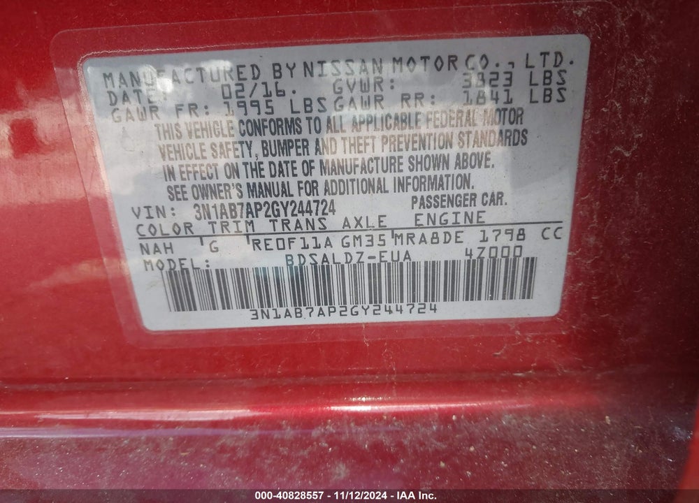 2016 NISSAN SENTRA FE+ S/S/SL/SR/SV VIN: 3N1AB7AP2GY244724