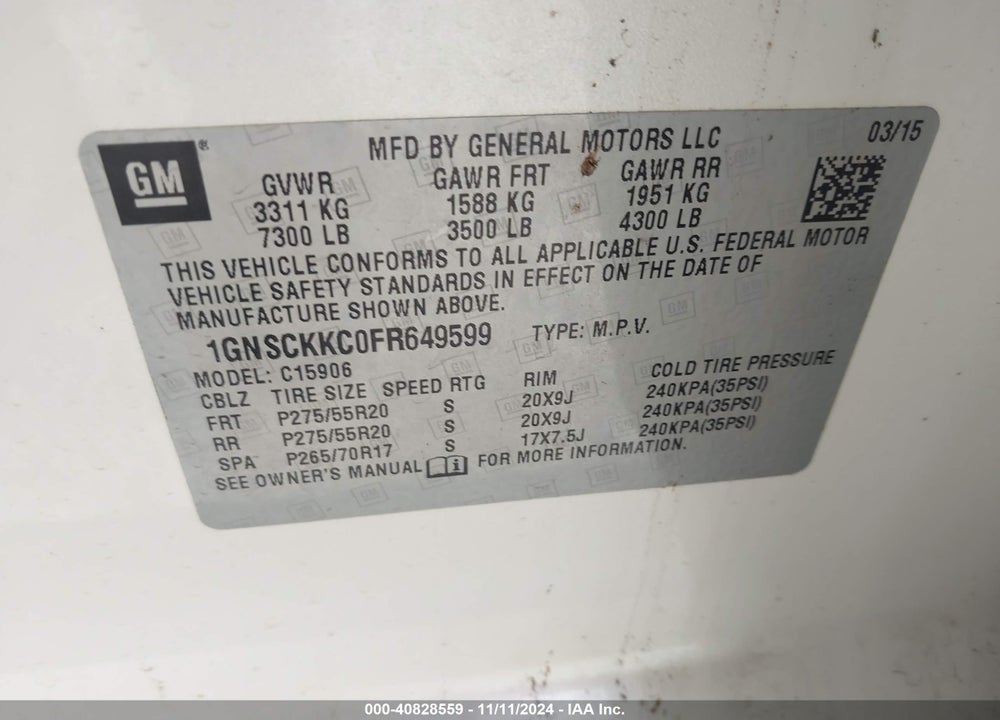 2015 CHEVROLET SUBURBAN 1500 LTZ VIN: 1GNSCKKC0FR649599