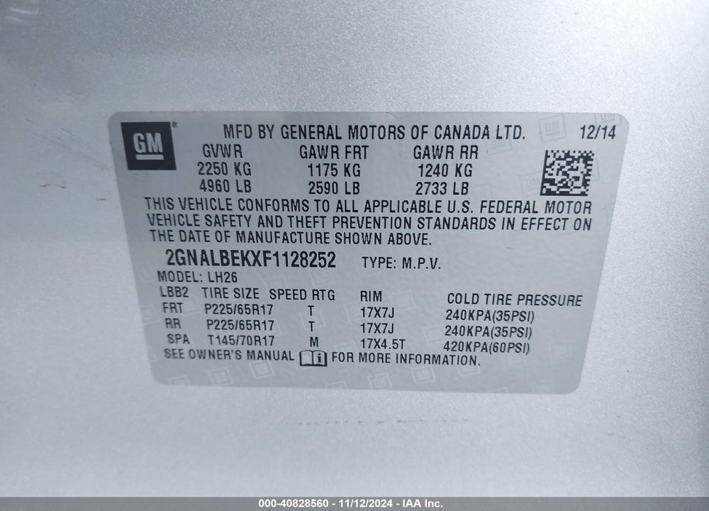 2015 CHEVROLET EQUINOX 1LT VIN: 2GNALBEKXF1128252