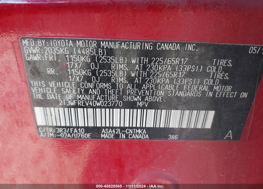 2013 TOYOTA RAV4 XLE VIN: 2T3WFREV4DW023770
