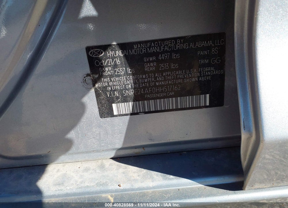 2017 HYUNDAI SONATA VIN: 5NPE24AF0HH517162