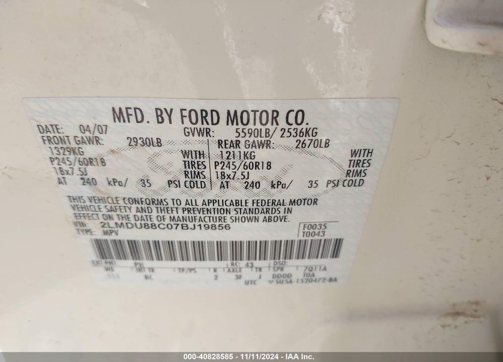 2007 LINCOLN MKX VIN: 2LMDU88C07BJ19856