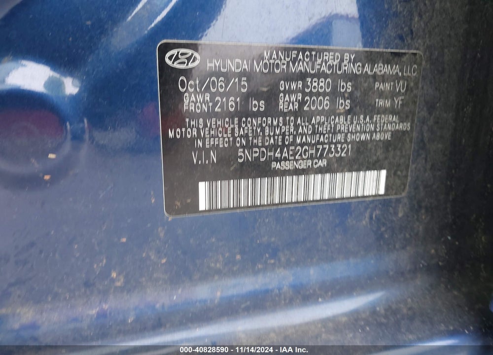 2016 HYUNDAI ELANTRA SE VIN: 5NPDH4AE2GH773321