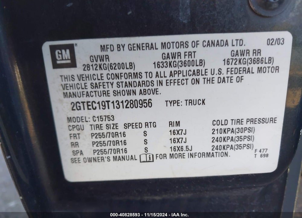 2003 GMC SIERRA 1500 SLT VIN: 2GTEC19T131280956
