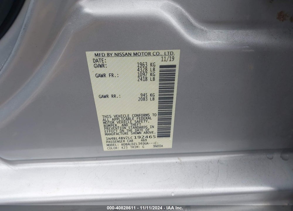 2020 NISSAN ALTIMA S FWD VIN: 1N4BL4BV2LC192465