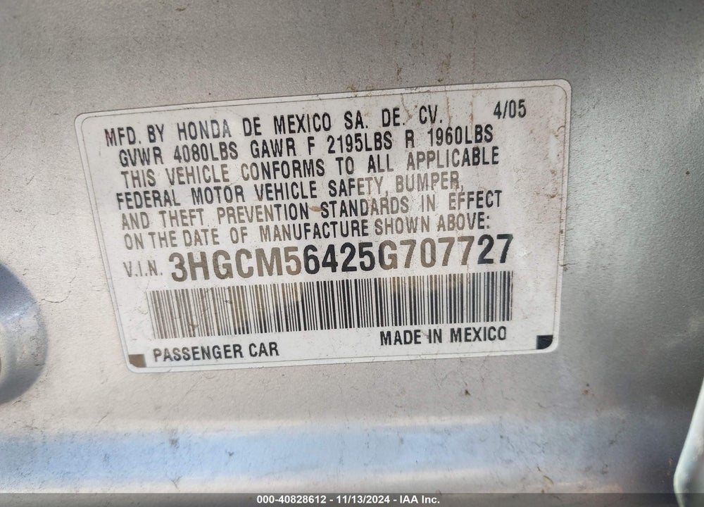 2005 HONDA ACCORD 2.4 LX VIN: 3HGCM56425G707727