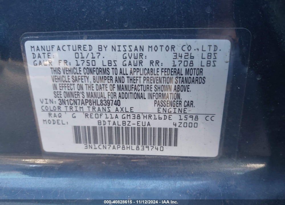 2017 NISSAN VERSA 1.6 SV VIN: 3N1CN7AP8HL839740