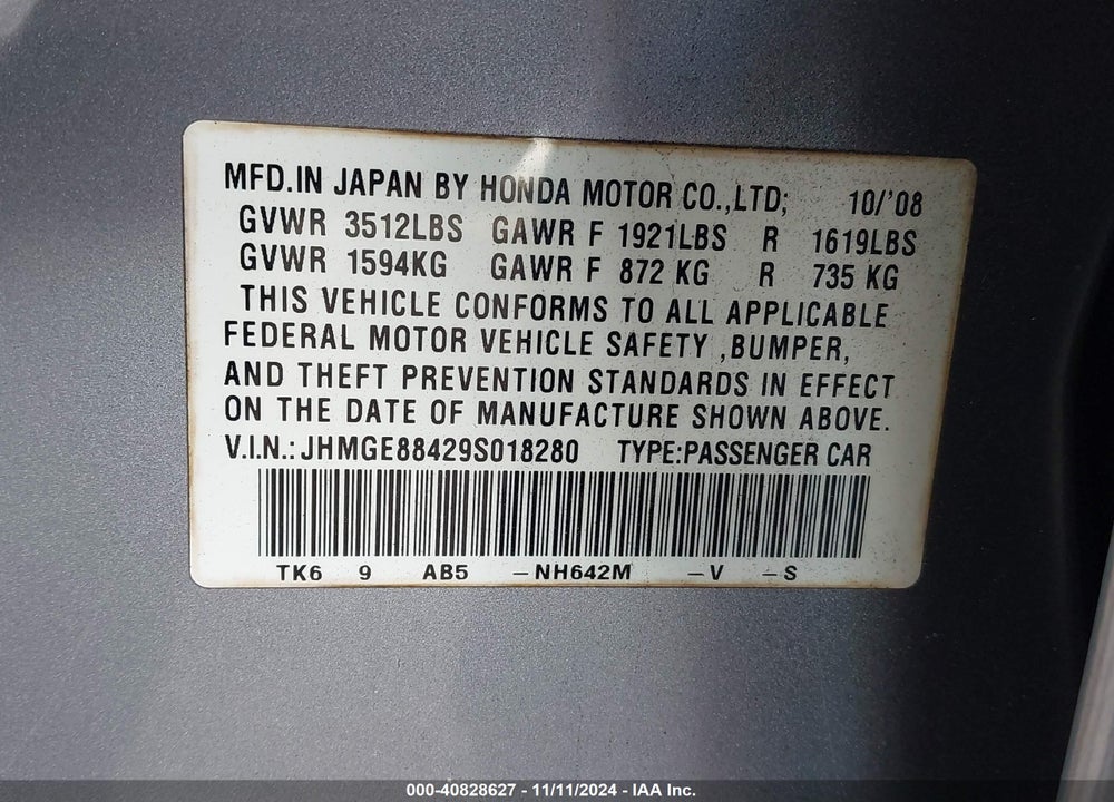 2009 HONDA FIT SPORT VIN: JHMGE88429S018280
