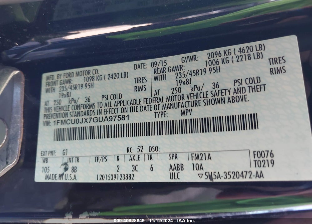 2016 FORD ESCAPE TITANIUM VIN: 1FMCU0JX7GUA97581