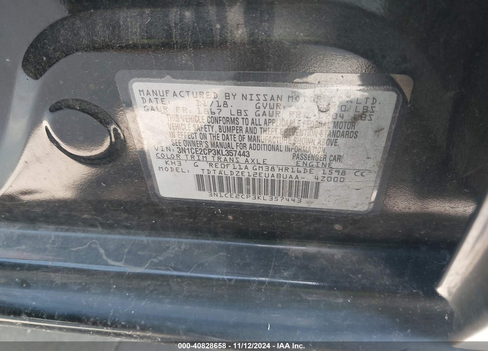 2019 NISSAN VERSA NOTE SV VIN: 3N1CE2CP3KL357443