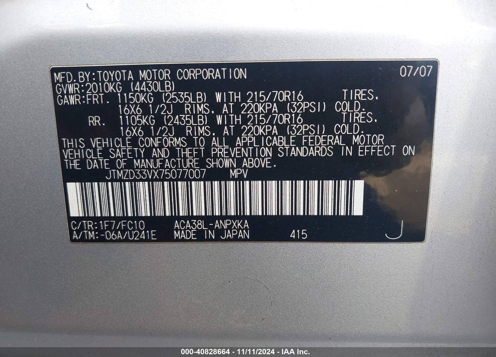 2007 TOYOTA RAV4 VIN: JTMZD33VX75077007