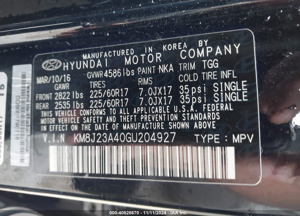2016 HYUNDAI TUCSON SE VIN: KM8J23A40GU204927