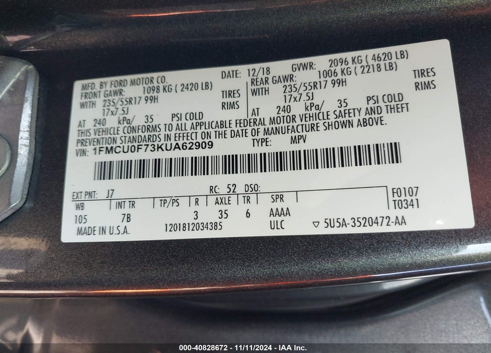 2019 FORD ESCAPE S VIN: 1FMCU0F73KUA62909